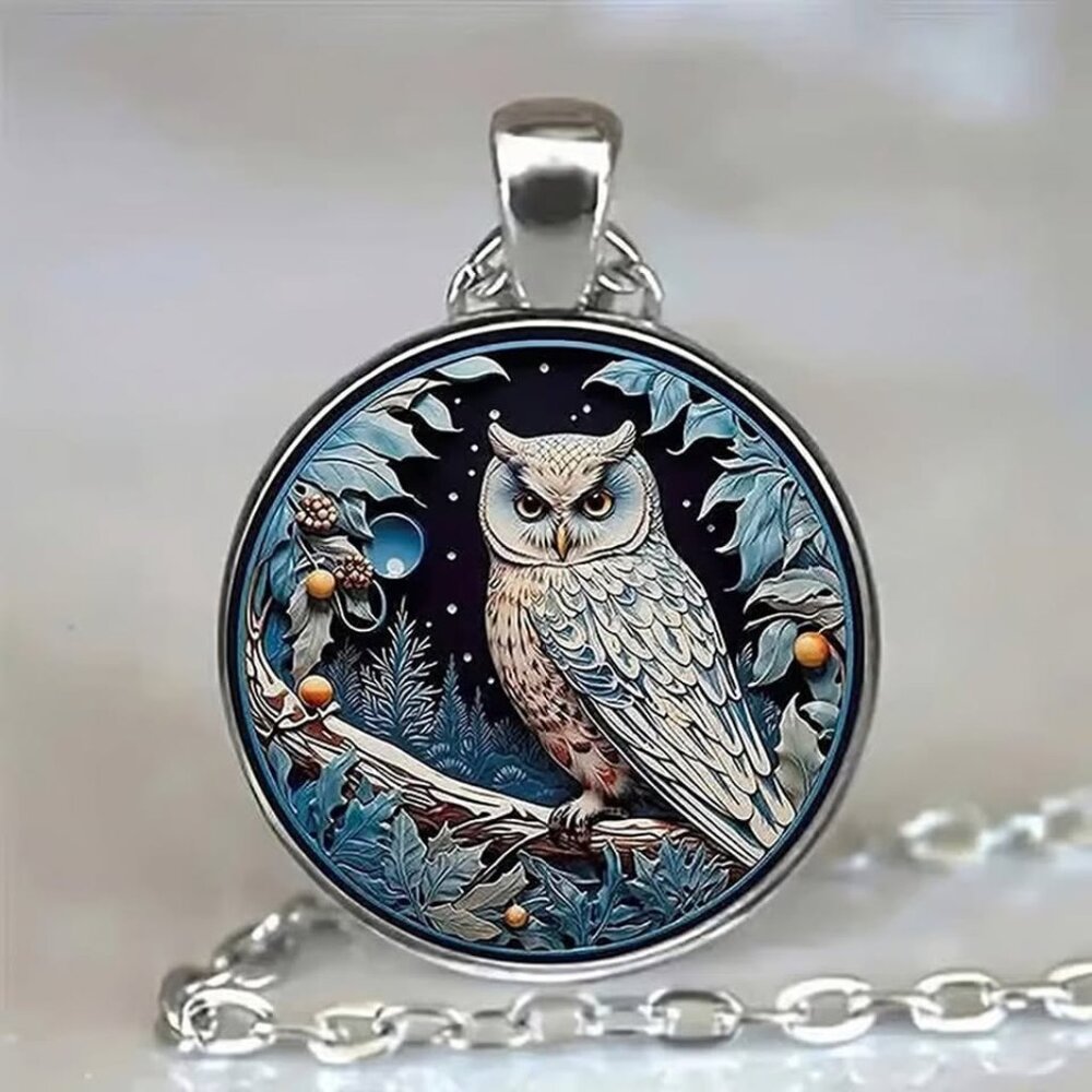 Silver OWL Glass Cabochon Pendant Necklace
